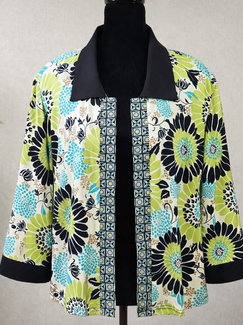 Vintage R&M Richards Open Front Cardigan Floral Stretch Size 18 Silky